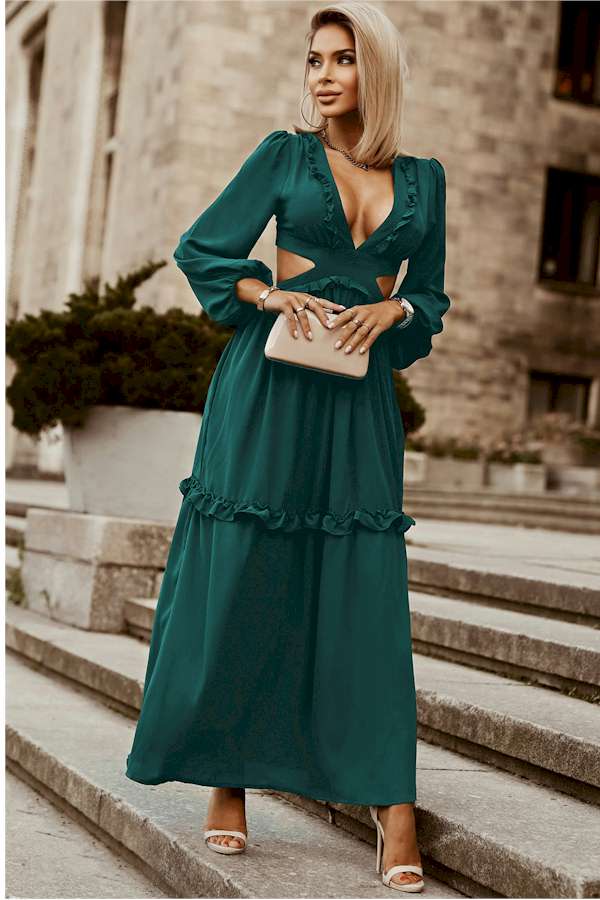 Chic Ruffled Deep V Lace up Back Maxi Dress