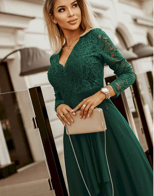 Load image into Gallery viewer, Elegant and Chic Long Sleeve LaceTriangle Slit Evening Dress
