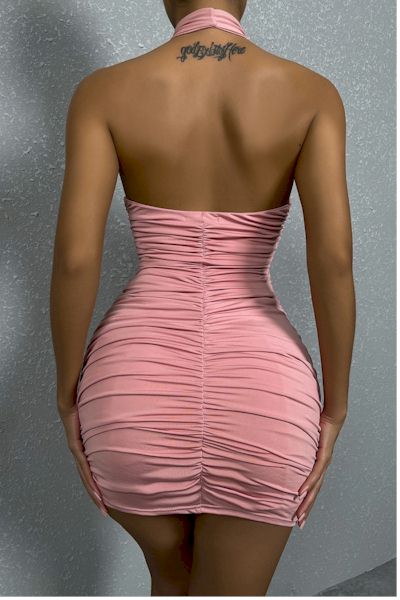 Load image into Gallery viewer,  Halter Neck Pleated Backless Pink Mini Dress
