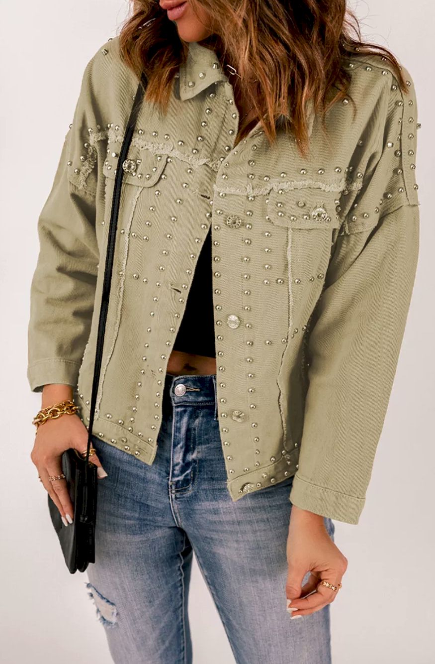 Khaki Frayed Trim Rivet Denim Jacket