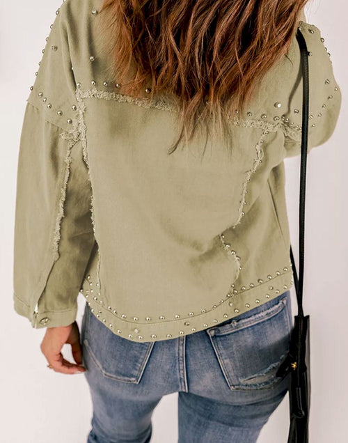 Load image into Gallery viewer, Khaki Frayed Trim Rivet Denim Jacket
