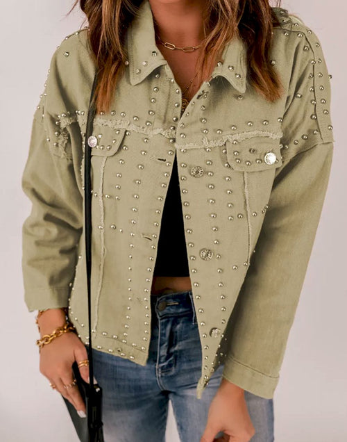 Load image into Gallery viewer, Khaki Frayed Trim Rivet Denim Jacket
