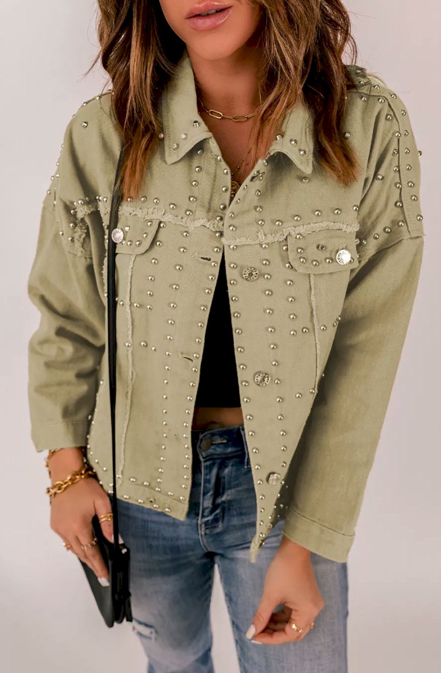 Khaki Frayed Trim Rivet Denim Jacket