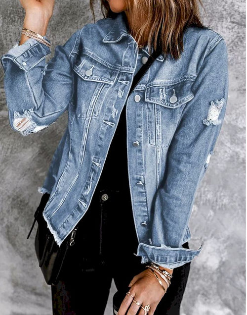 Load image into Gallery viewer, Lapel Distressed Raw Hem Buttons Denim Jacket
