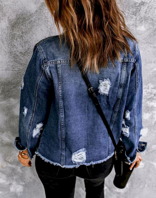 Load image into Gallery viewer, Lapel Distressed Raw Hem Buttons Denim Jacket
