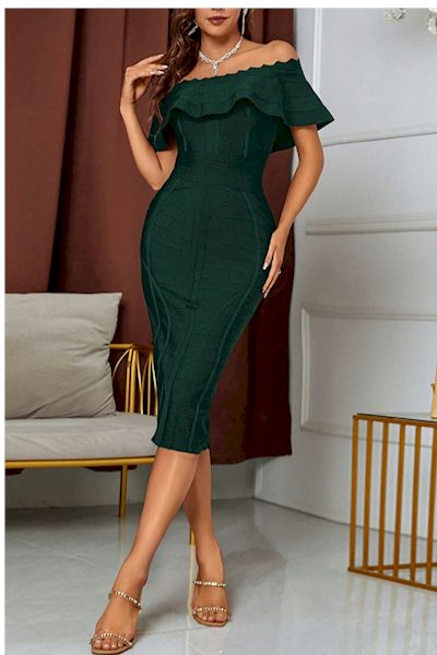 Sexy Off Shoulder Slit Ruffle Midi Dress