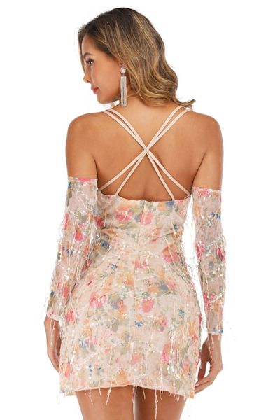 Load image into Gallery viewer, Floral Elegance: Blossom in Style with our Sequin Floral Sling Tassel Dress!
