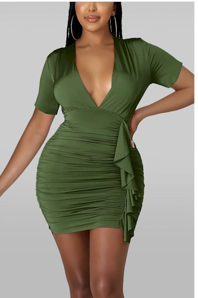 Stretchy Deep V Ruched Sexy Bodycon Mini Dress