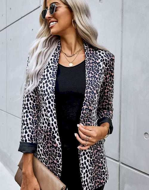 Load image into Gallery viewer, Open Front Long Sleeve Leopard Blazer Suit
