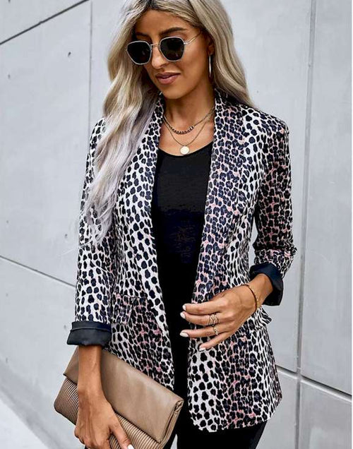 Load image into Gallery viewer, Open Front Long Sleeve Leopard Blazer Suit
