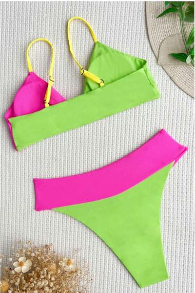 Load image into Gallery viewer, Pink and Green Padded Knotted Backless Sling Sexy Bikini
