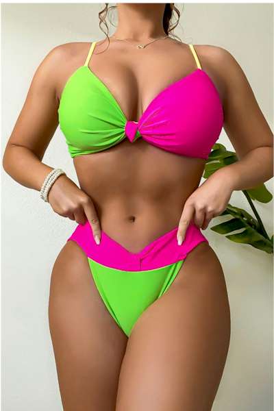 Load image into Gallery viewer, Pink and Green Padded Knotted Backless Sling Sexy Bikini
