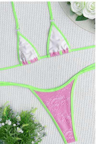 Load image into Gallery viewer, Pink and Green Unpadded Halter-Neck Tied Triangle Sexy Bikini
