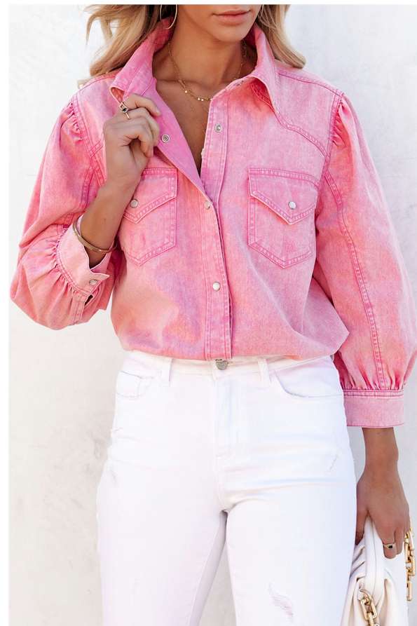 Pink Acid Washed Snap Buttons Denim Shirt