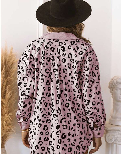 Load image into Gallery viewer, Pink Collared Neckline Flap Pockets Leopard Corduroy Jacket
