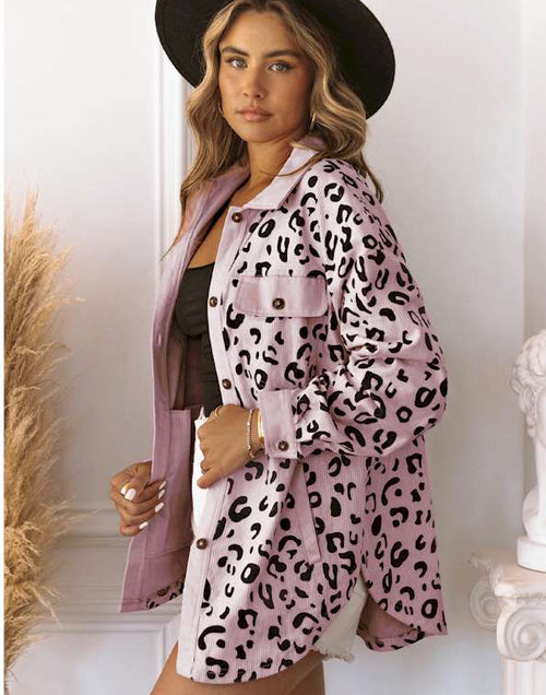 Load image into Gallery viewer, Pink Collared Neckline Flap Pockets Leopard Corduroy Jacket
