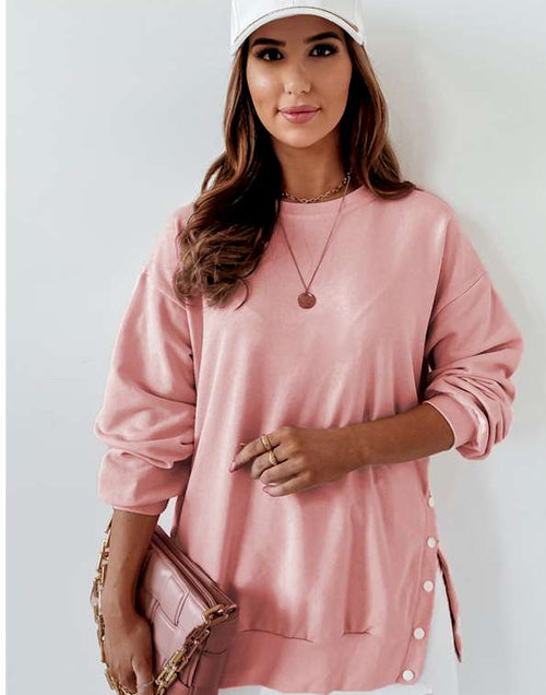 Load image into Gallery viewer, Pink Crew Neck Slit Buttons Sweatshirt
