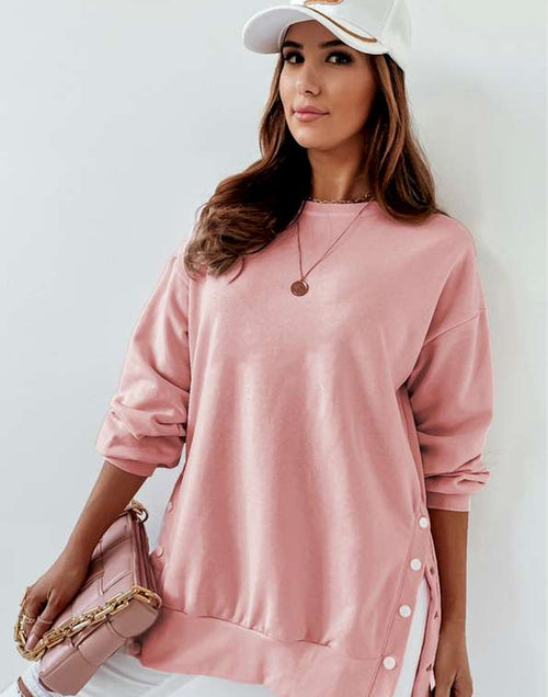 Load image into Gallery viewer, Pink Crew Neck Slit Buttons Sweatshirt
