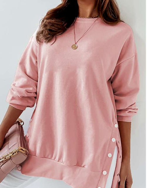 Load image into Gallery viewer, Pink Crew Neck Slit Buttons Sweatshirt
