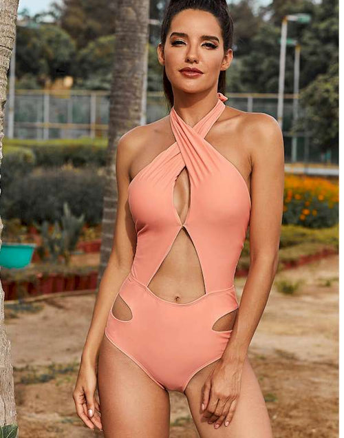 Load image into Gallery viewer, Pink Cross Halter Neck Hollow Out One-piece Swimsuit
