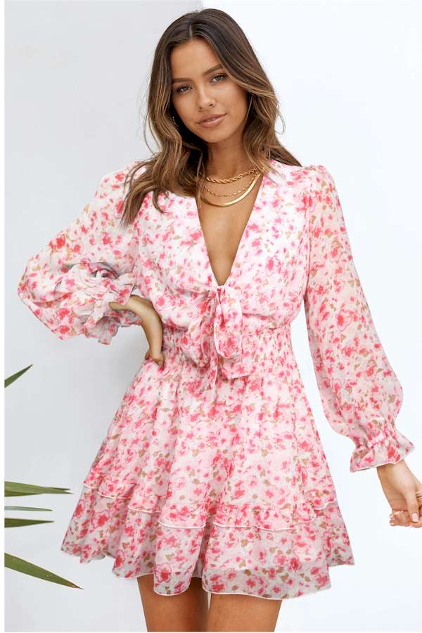 Pink Deep V Neck Lantern Sleeve Knotted Tiered Mini Dress