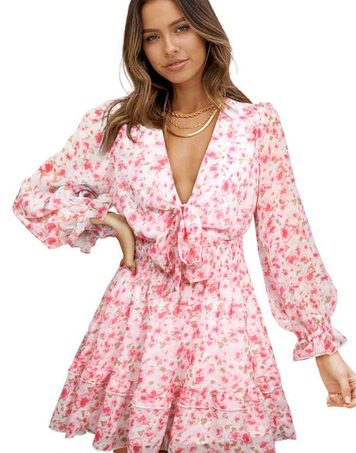 Load image into Gallery viewer, Pink Deep V Neck Lantern Sleeve Knotted Tiered Mini Dress
