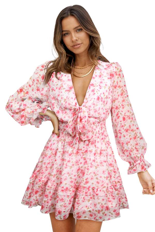 Pink Deep V Neck Lantern Sleeve Knotted Tiered Mini Dress