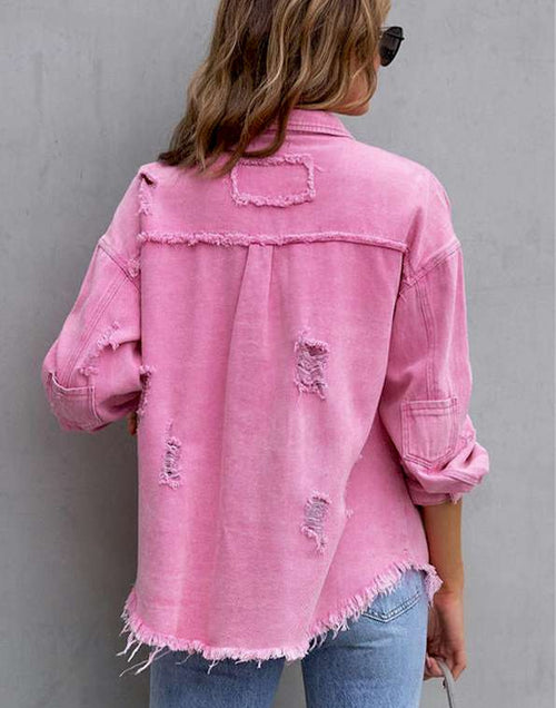 Load image into Gallery viewer, Pink Distressed Flap Pockets Raw Edge Denim Shacket
