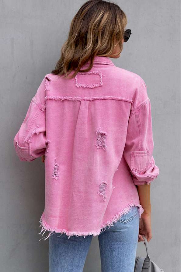 Pink Distressed Flap Pockets Raw Edge Denim Shacket