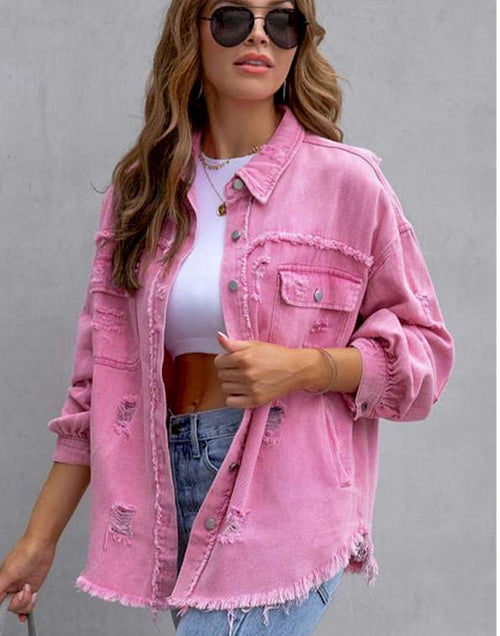 Load image into Gallery viewer, Pink Distressed Flap Pockets Raw Edge Denim Shacket
