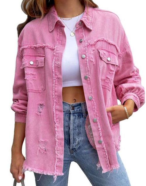 Load image into Gallery viewer, Pink Distressed Flap Pockets Raw Edge Denim Shacket
