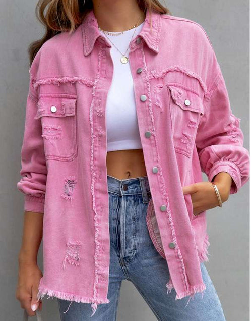 Load image into Gallery viewer, Pink Distressed Flap Pockets Raw Edge Denim Shacket
