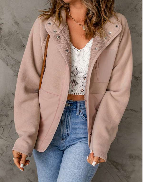 Load image into Gallery viewer, Pink Faux Shearling Lining Snap Button Suede Jacket
