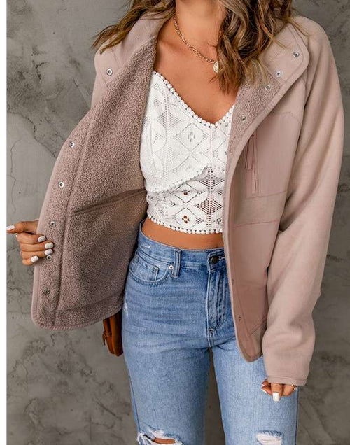 Load image into Gallery viewer, Pink Faux Shearling Lining Snap Button Suede Jacket
