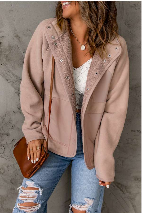 Pink Faux Shearling Lining Snap Button Suede Jacket