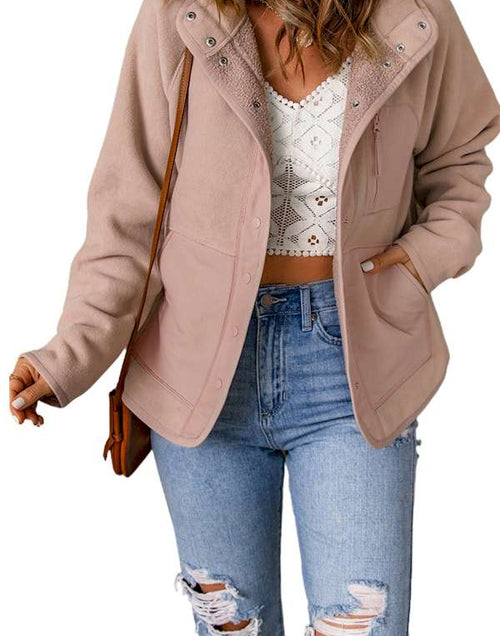 Load image into Gallery viewer, Pink Faux Shearling Lining Snap Button Suede Jacket
