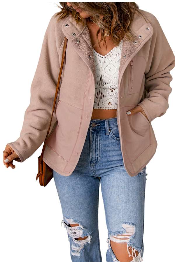 Pink Faux Shearling Lining Snap Button Suede Jacket