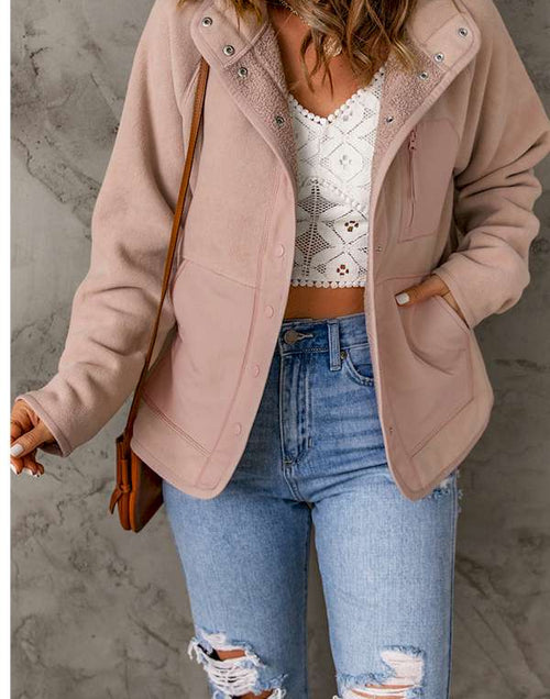 Load image into Gallery viewer, Pink Faux Shearling Lining Snap Button Suede Jacket
