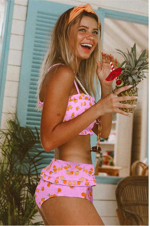 Pink Floral Print Crop Top Bikini Set