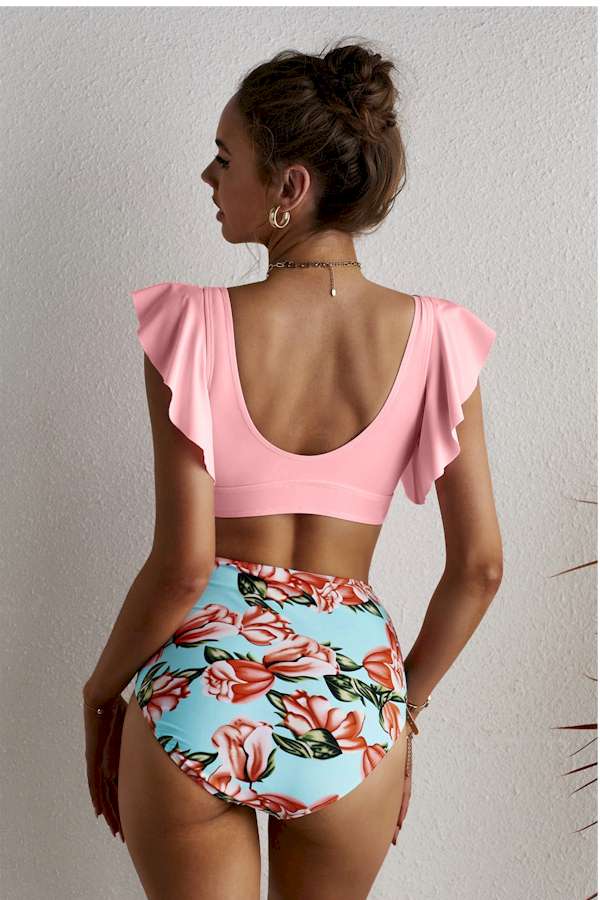 Pink Floral Ruffled Hem High Waist Bikini Set