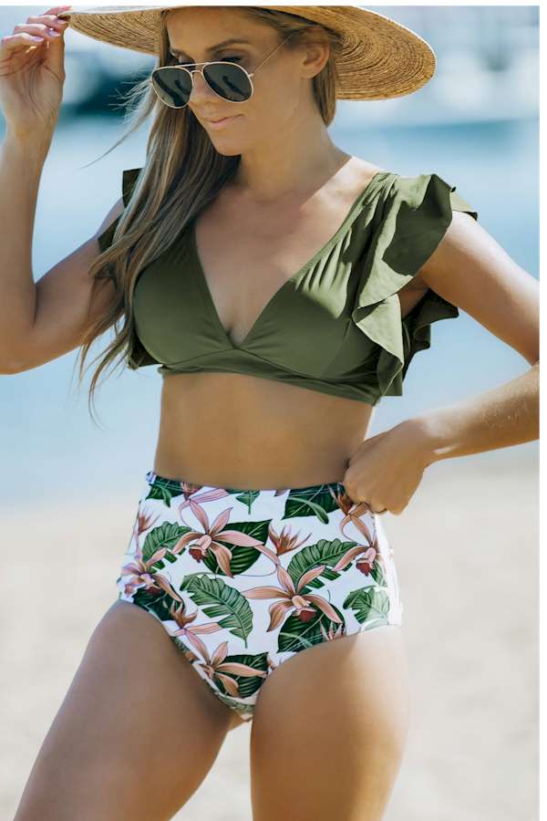 Pink Floral Ruffled Hem High Waist Bikini Set