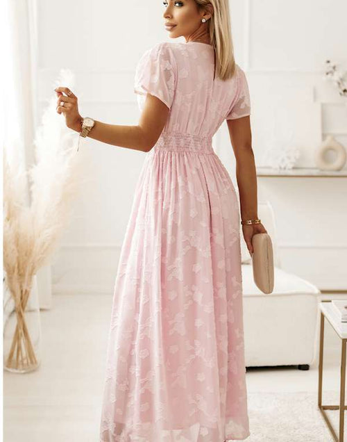 Load image into Gallery viewer, Pink Floral Textured V Neck Smocked Maxi Dress
