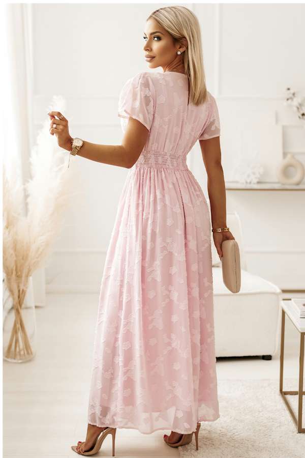 Pink Floral Textured V Neck Smocked Maxi Dress