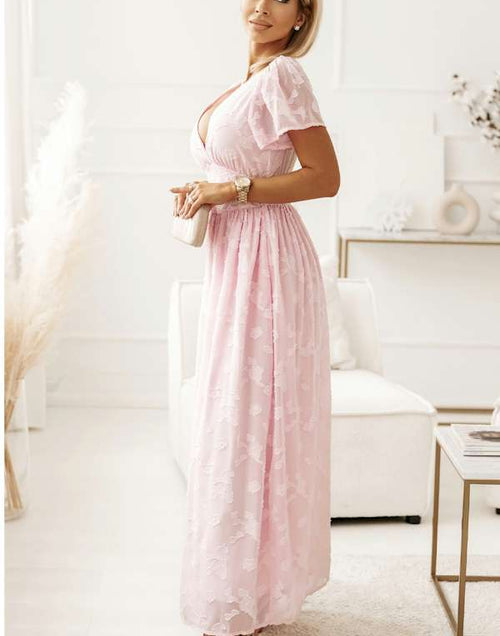 Load image into Gallery viewer, Pink Floral Textured V Neck Smocked Maxi Dress
