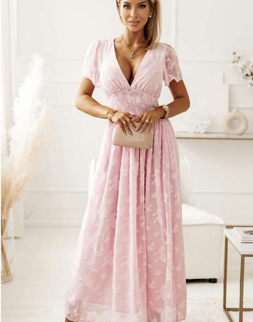 Load image into Gallery viewer, Pink Floral Textured V Neck Smocked Maxi Dress
