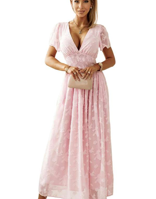 Load image into Gallery viewer, Pink Floral Textured V Neck Smocked Maxi Dress
