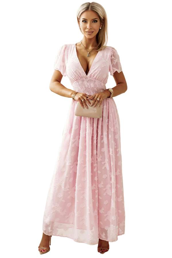 Pink Floral Textured V Neck Smocked Maxi Dress