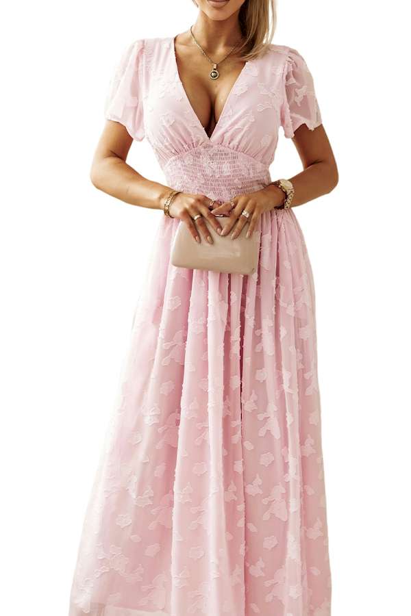 Pink Floral Textured V Neck Smocked Maxi Dress