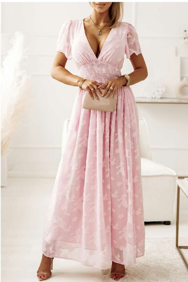 Pink Floral Textured V Neck Smocked Maxi Dress