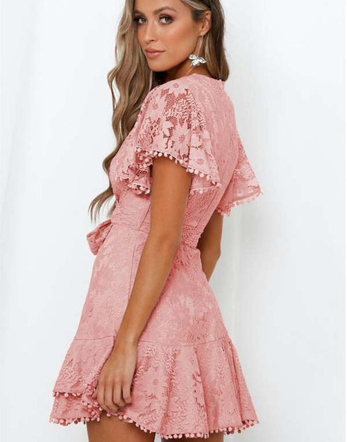 Load image into Gallery viewer, Sexy Pink Flutter Sleeves V Neck Lace Mini Dress
